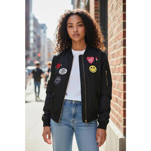 Express black bomber jacket with patches Women’s Large